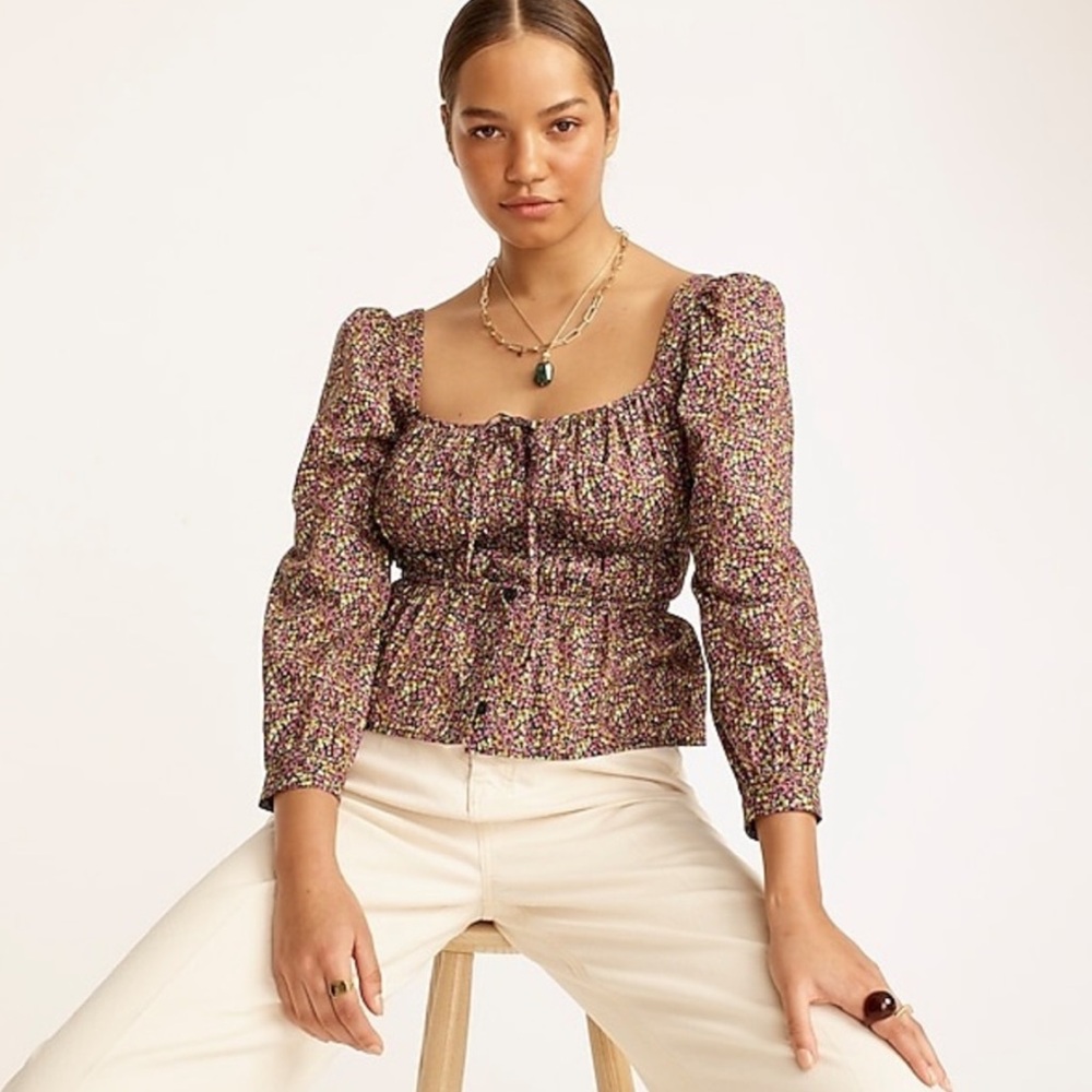 J. Crew Cinched Waist Liberty Busy Izzy Print Organic Cotton Top